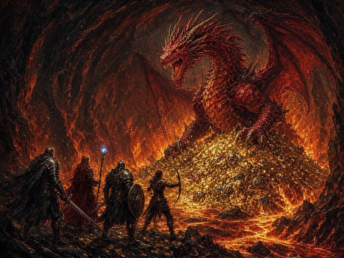 Los héroes se enfrentan al Dragón Rojo entre lava y oro