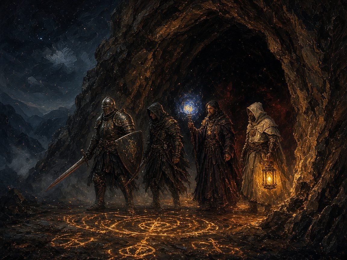 Cuatro héroes con runas brillantes a la entrada de la cueva